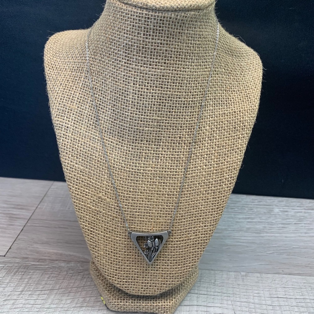 Silver Tone Butterfly Flower Triangle Pendant Necklace 18 Inch Chain 5415